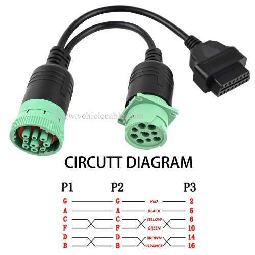 OLLGEN 1ft 30cm/12in Male J1939 9 Pin to J1939 Female and OBD2 16 Pin J1962 Female OBD2 Truck Diagnostic Scanner Cable Adapter for Diesel Engine (J1939 Male to OBD2 Female to 9 Pin Female)