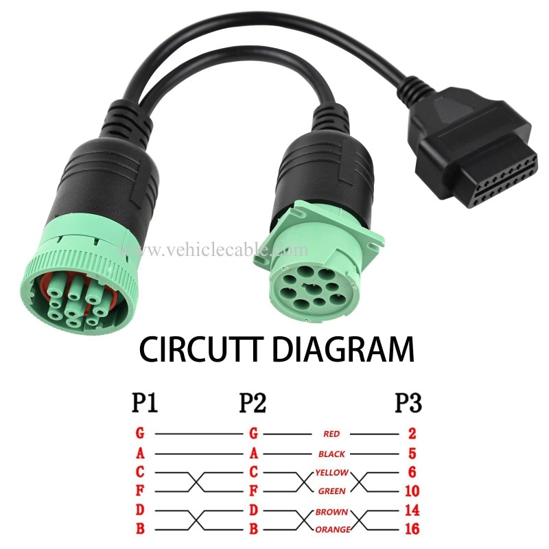 OLLGEN 1ft 30cm/12in Male J1939 9 Pin to J1939 Female and OBD2 16 Pin J1962 Female OBD2 Truck Diagnostic Scanner Cable Adapter for Diesel Engine (J1939 Male to OBD2 Female to 9 Pin Female) 