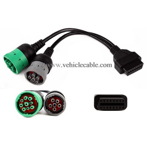 OBD to Type 2 Green9p J1939 and 6p J1708 Split Y Cable for Diesel Truck Diagnostics