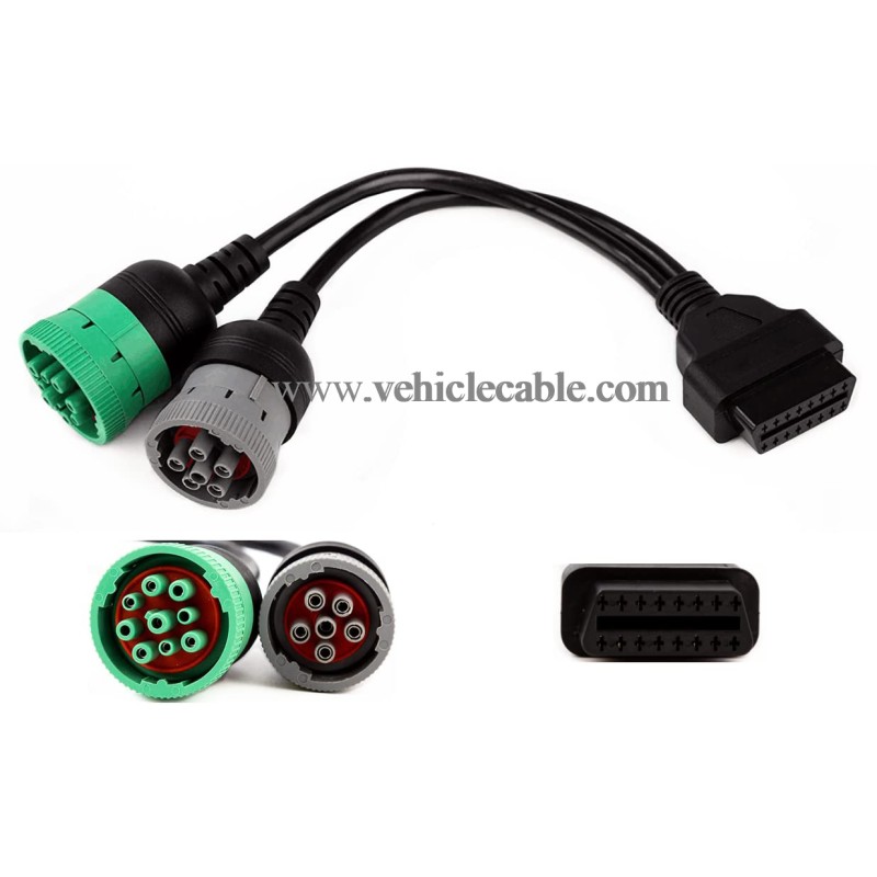 OBD to Type 2 Green9p J1939 and 6p J1708 Split Y Cable for Diesel Truck Diagnostics 