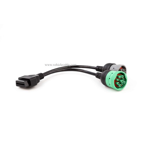 OBD to Type 2 Green9p J1939 and 6p J1708 Split Y Cable for Diesel Truck Diagnostics