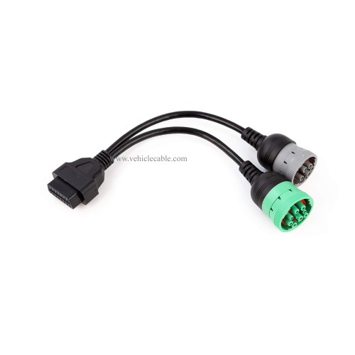 OBD to Type 2 Green9p J1939 and 6p J1708 Split Y Cable for Diesel Truck Diagnostics