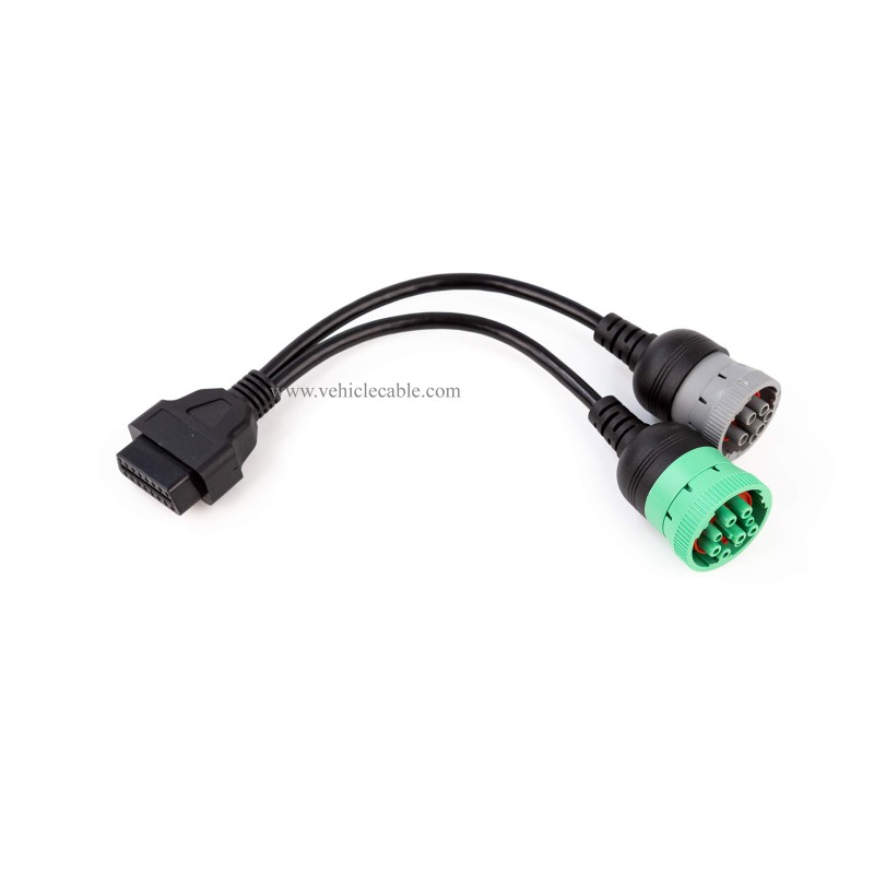 OBD to Type 2 Green9p J1939 and 6p J1708 Split Y Cable for Diesel Truck Diagnostics 