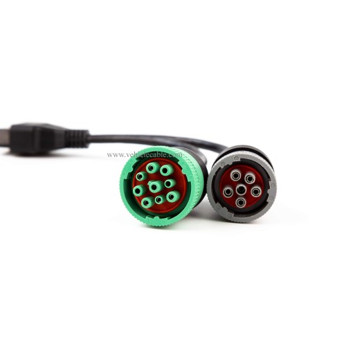 OBD to Type 2 Green9p J1939 and 6p J1708 Split Y Cable for Diesel Truck Diagnostics